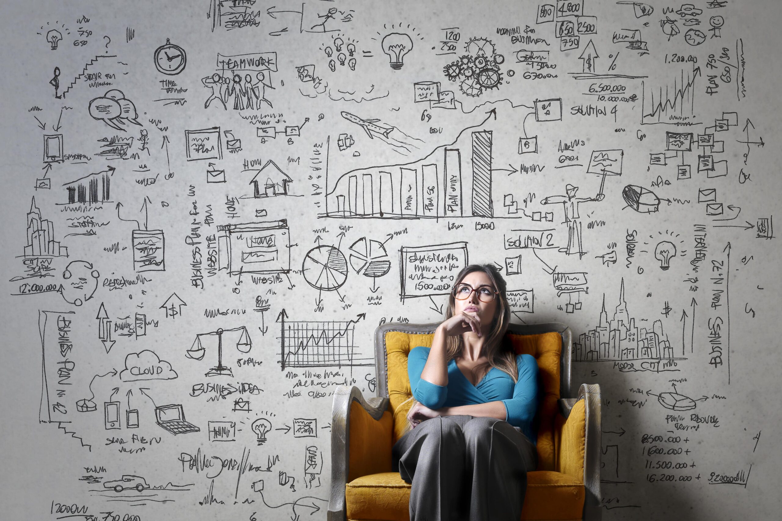 A thoughtful woman sits in a yellow armchair against a wall covered in a wide array of business and strategy-related sketches, symbolizing complex planning and decision-making.