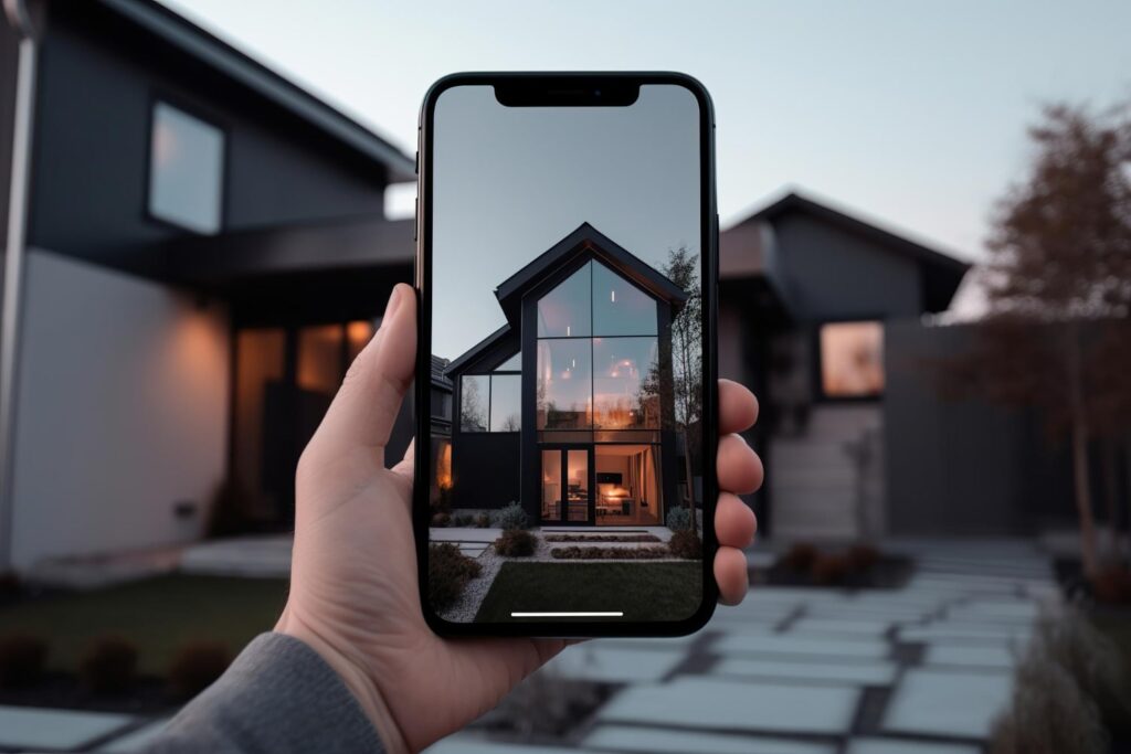 A person's hand holding a smartphone that displays a modern house, showing a digital view of real estate for potential buyers.