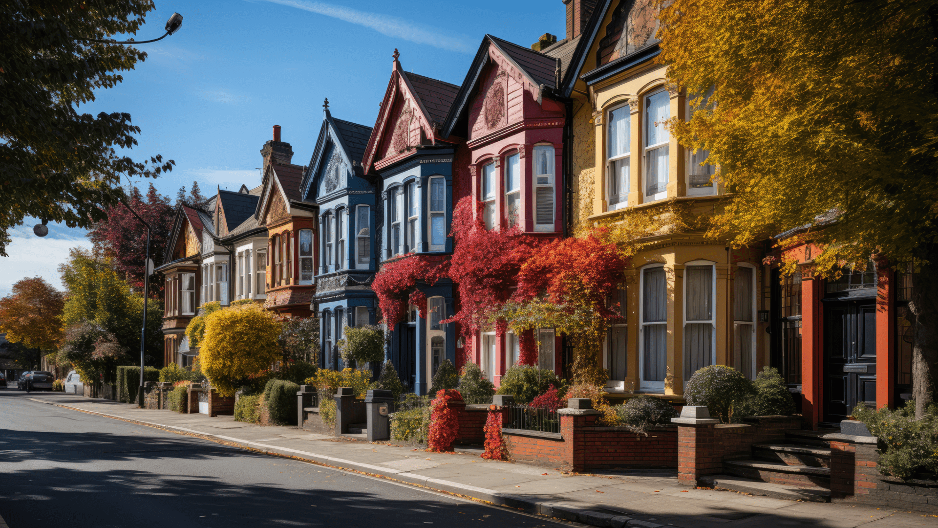 A picturesque row of Victorian townhouses with vibrant autumn foliage, each painted in distinct colors, located on a quiet, sunlit street.
